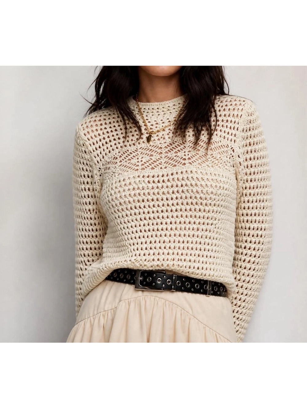 Mango Cream Open-Knit Crewneck Sweater XS